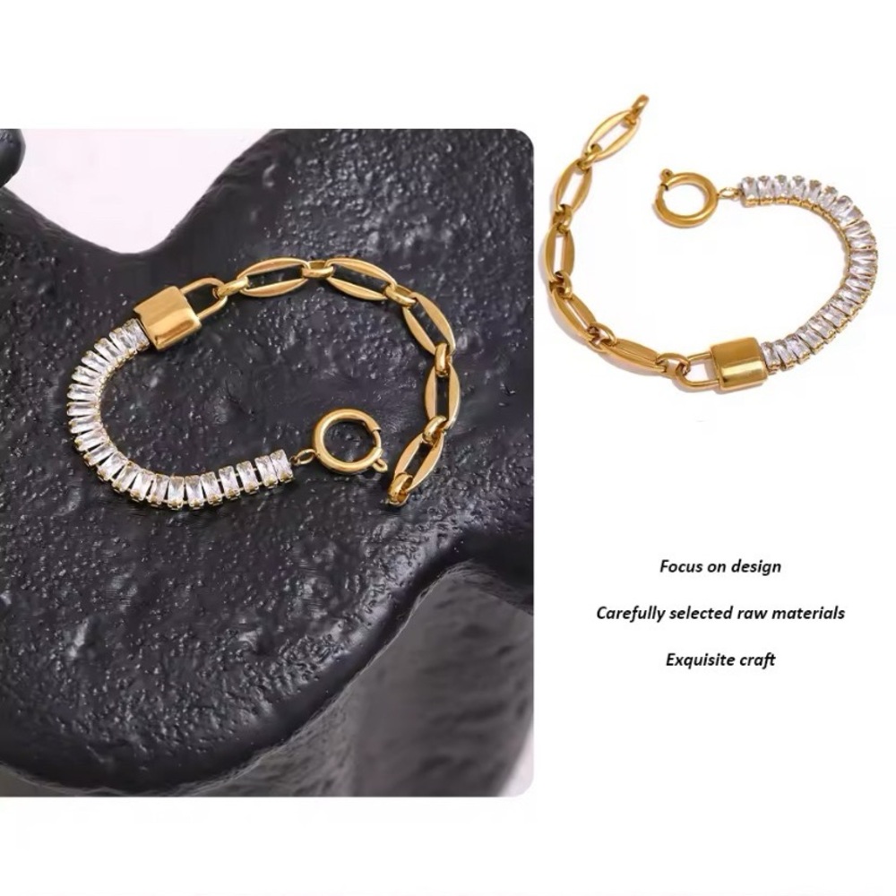 Paperclip Chain Lock & Lab Created Diamond Tennis Bracelet 14K Gold Plated